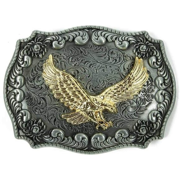 Men's Black/Gold American Cowboy Rodeo Small Eagle Flag Western Belt Buckle - Picture 1 of 4